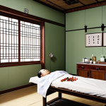 **A traditional Korean medicine hospital room with a patient receiving acupuncture. Focus on the serene atmosphere, with herbal medicines and traditional tools visible. The scene should evoke a sense of healing and tranquility.**