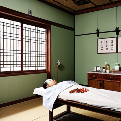 Home 4 **A traditional Korean medicine hospital room with a patient receiving acupuncture. Focus on the serene atmosphere, with herbal medicines and traditional tools visible. The scene should evoke a sense of healing and tranquility.**