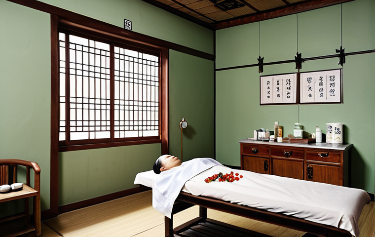 **A traditional Korean medicine hospital room with a patient receiving acupuncture. Focus on the serene atmosphere, with herbal medicines and traditional tools visible. The scene should evoke a sense of healing and tranquility.**