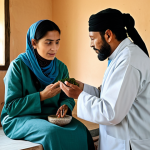 **

"A woman in modest clothing consulting a Hakim (traditional Unani medicine practitioner) in a well-lit clinic.  The Hakim is examining her while holding herbal remedies.  The scene depicts a safe and professional consultation.  Fully clothed, appropriate attire, perfect anatomy, professional setting, safe for work."

**