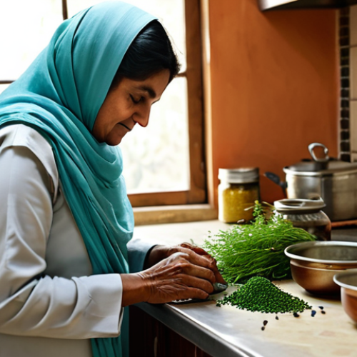 Herbal Remedy Preparation**

"A calming scene depicting the preparation of traditional herbal remedies for sleep. A mature woman, fully clothed in modest, traditional Pakistani attire, carefully measures herbs into a small pot in a warmly lit kitchen. Focus on natural ingredients, soft light, and a peaceful atmosphere. Safe for work, appropriate content, fully clothed, professional, modest, family-friendly, perfect anatomy, natural proportions, well-formed hands."

**