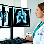 **

A female doctor wearing a professional lab coat, fully clothed, examining an X-ray in a modern, clean hospital room. Focus on the doctor's face and hands. Background includes medical equipment and a computer screen. Safe for work, appropriate content, family-friendly, perfect anatomy, natural pose, high quality.

**
