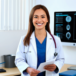 **

A female doctor in a clean, modern medical office, fully clothed in professional attire (lab coat, modest clothing). She is smiling warmly and holding a chart. Background includes medical equipment and a computer. Perfect anatomy, correct proportions, well-formed hands, natural pose. Safe for work, appropriate content, professional, family-friendly. High quality, detailed textures.

**