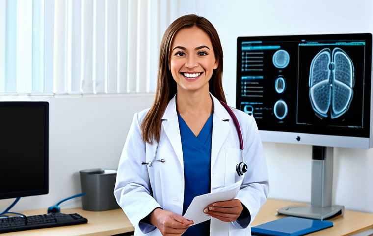 **

A female doctor in a clean, modern medical office, fully clothed in professional attire (lab coat, modest clothing). She is smiling warmly and holding a chart. Background includes medical equipment and a computer. Perfect anatomy, correct proportions, well-formed hands, natural pose. Safe for work, appropriate content, professional, family-friendly. High quality, detailed textures.

**