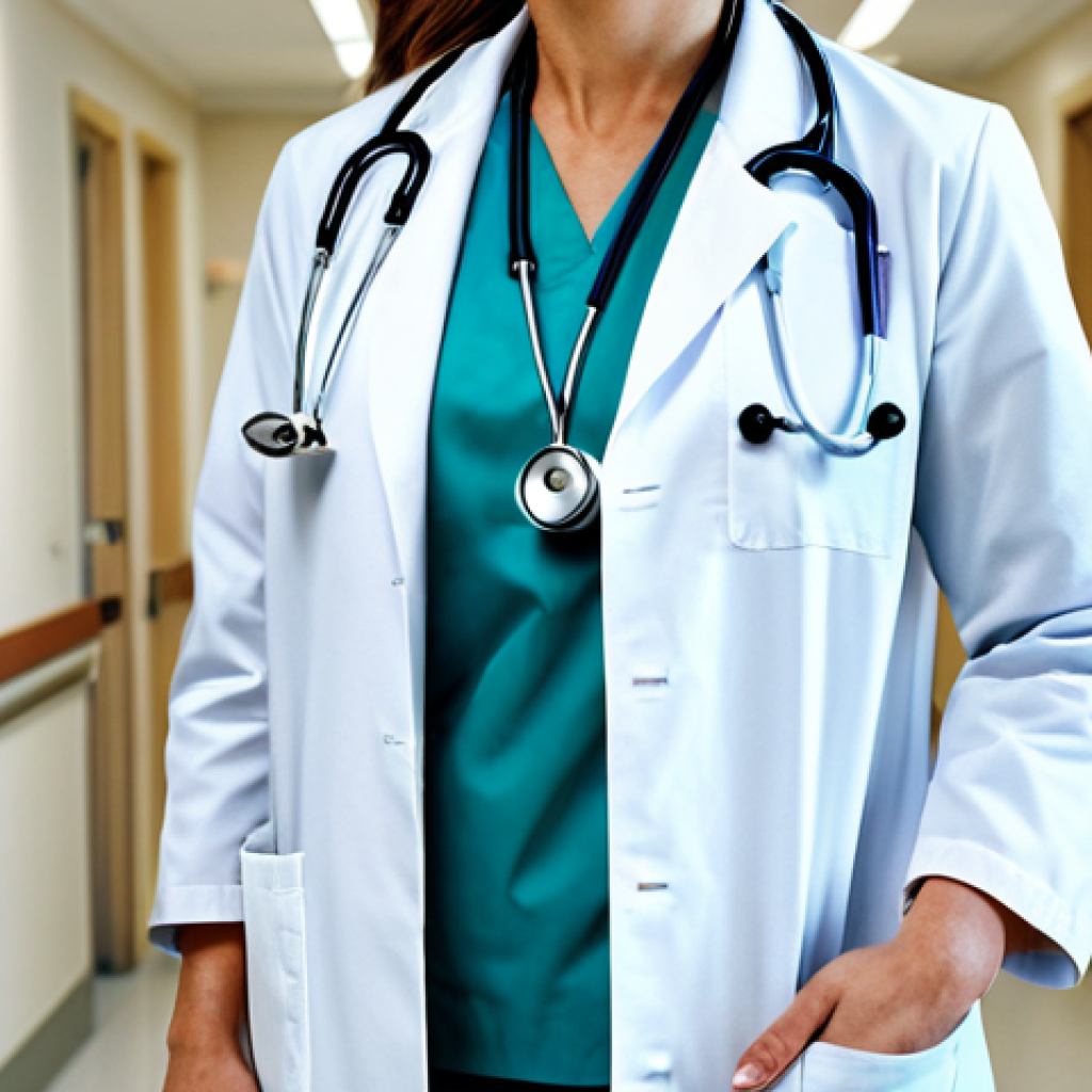 한방병원과 양방치료 병행 사례 - **A professional female doctor** in a modern hospital hallway, wearing a clean white coat and stetho...