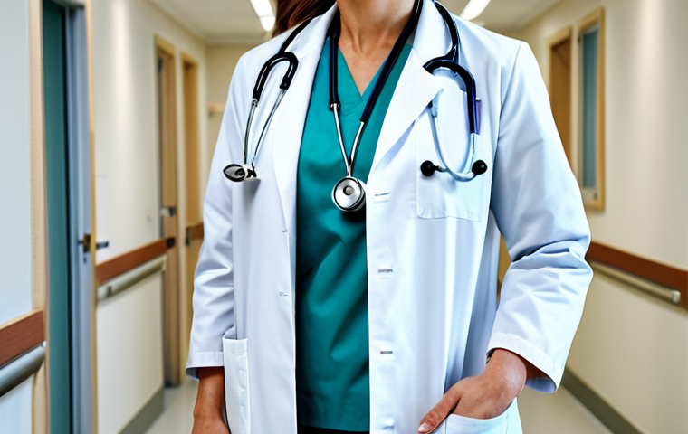 한방병원과 양방치료 병행 사례 - **A professional female doctor** in a modern hospital hallway, wearing a clean white coat and stetho...