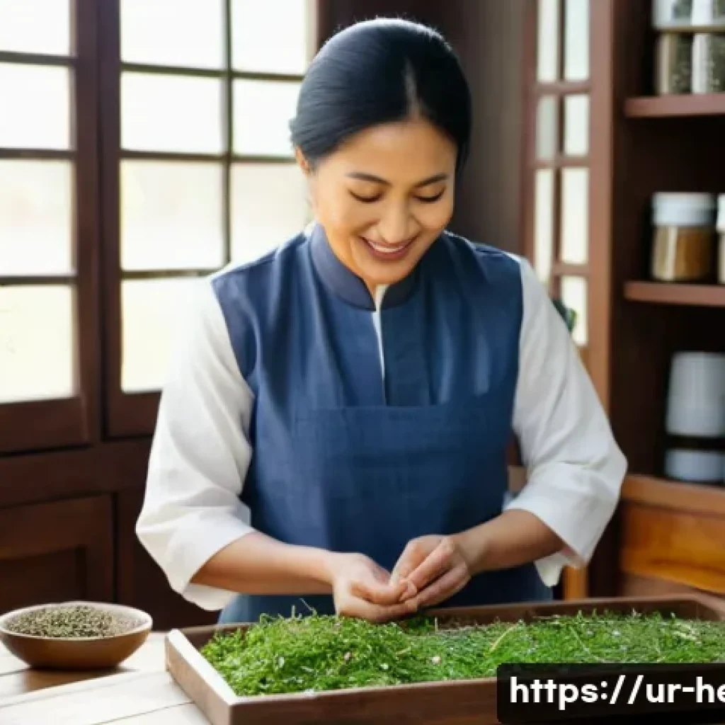 한방병원에서의 스트레스 관리 - A serene and compassionate Hanbang practitioner, a woman of South Asian descent in her 40s, with a g...