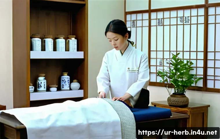 교통사고 환자 한방치료 효과 - **Prompt:** A serene and brightly lit Hanbang clinic, where a female patient, dressed modestly in lo...