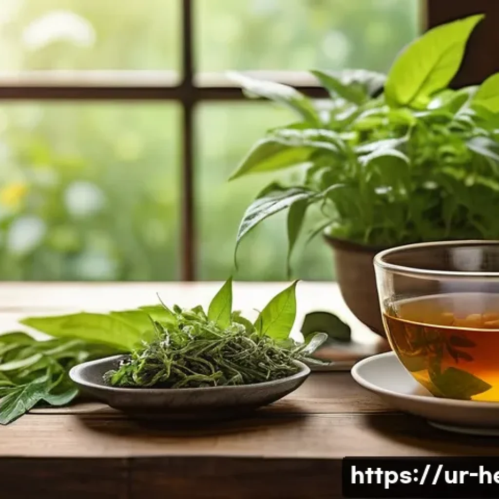 비염 한방치료와 침술 비용 - A serene herbal tea setup on a rustic wooden table featuring a steaming cup of ginger, tulsi (holy b...