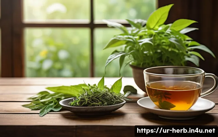 비염 한방치료와 침술 비용 - A serene herbal tea setup on a rustic wooden table featuring a steaming cup of ginger, tulsi (holy b...