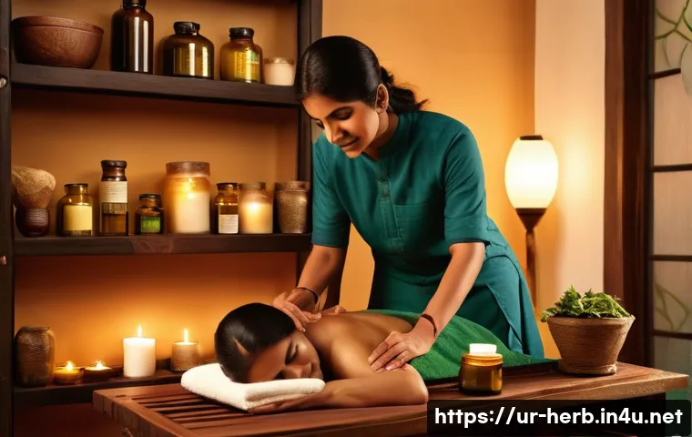 척추측만증 한방 치료 후기 - A serene and warm herbal therapy room in a traditional South Asian setting, featuring a middle-aged ...