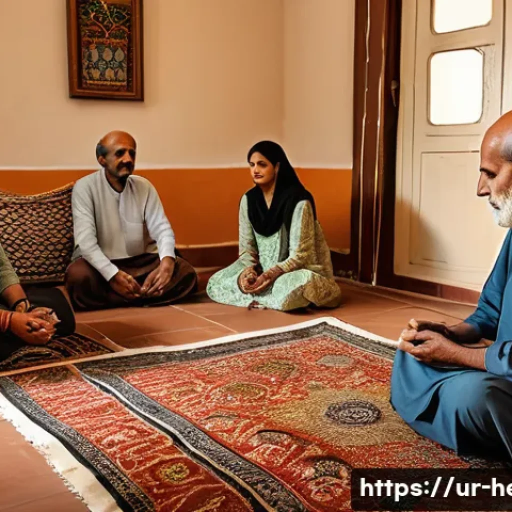 교통사고 후유증 치료 비용 - A caring family scene in a traditional Pakistani home, showing a middle-aged man undergoing physioth...