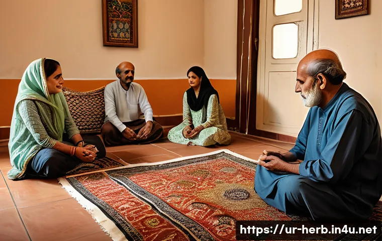 교통사고 후유증 치료 비용 - A caring family scene in a traditional Pakistani home, showing a middle-aged man undergoing physioth...