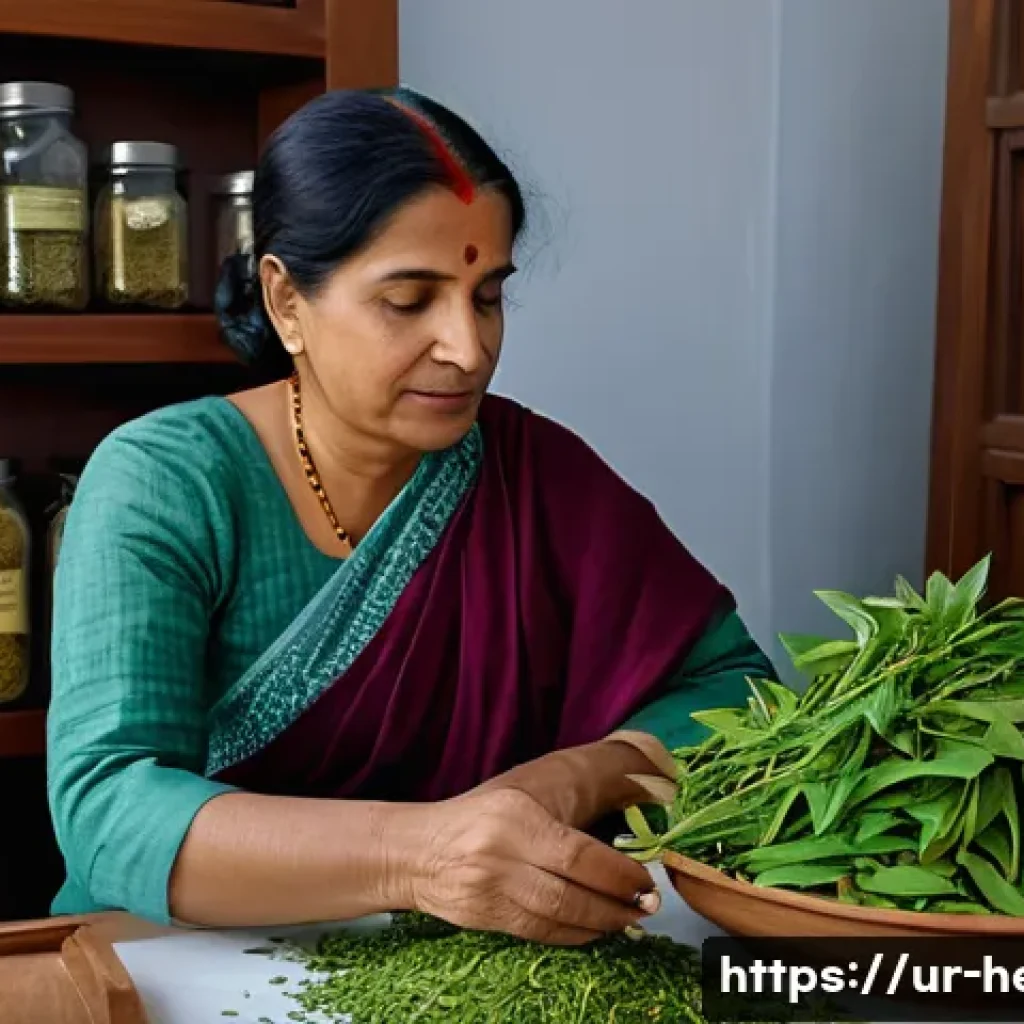 한방병원 다이어트 치료 후기 - A serene herbal clinic setting in Pakistan featuring a middle-aged South Asian woman consulting with...
