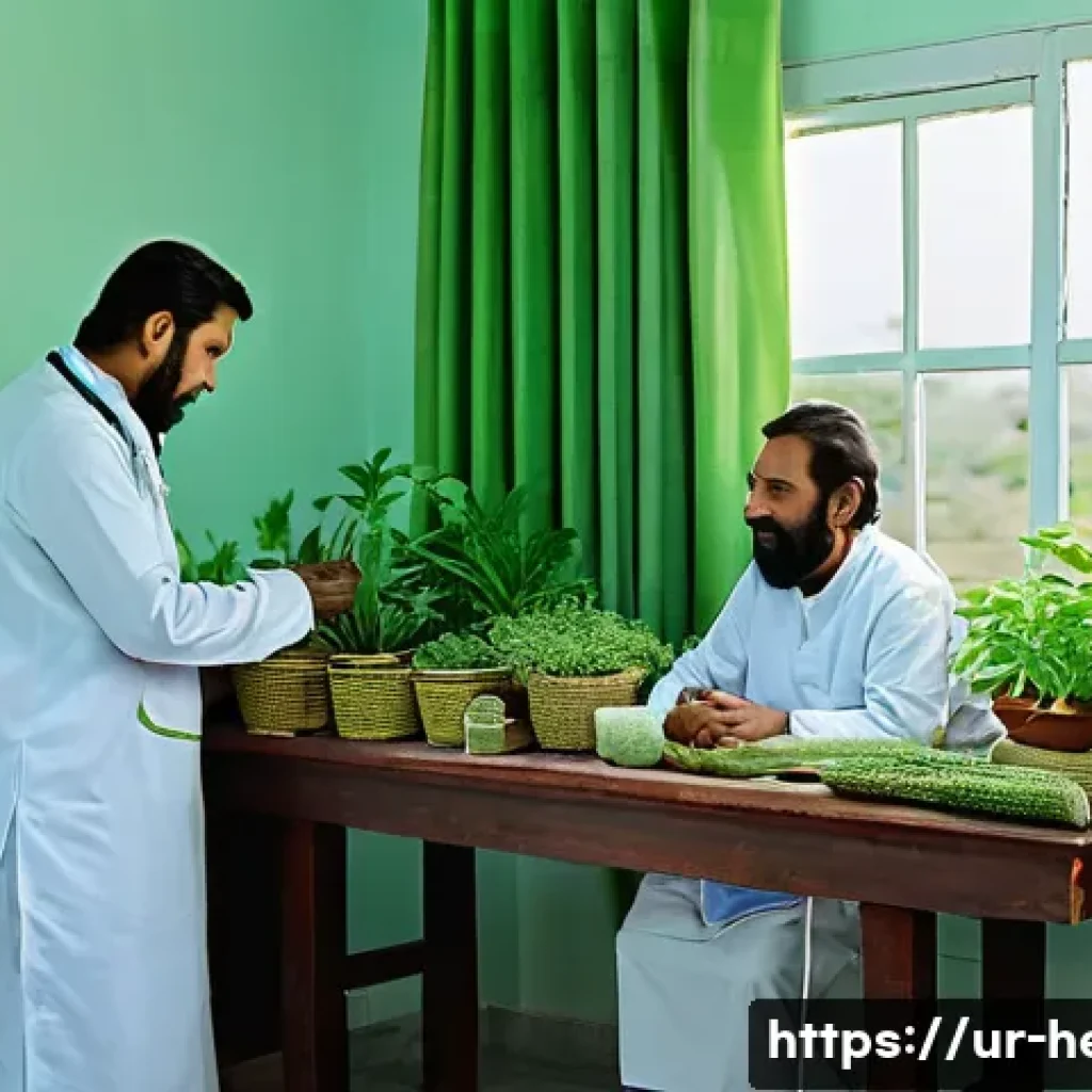 한방병원 진료 후기 모음 - A serene herbal hospital treatment room in Pakistan, featuring traditional wooden furniture and shel...