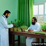 Home 22 한방병원 진료 후기 모음 - A serene herbal hospital treatment room in Pakistan, featuring traditional wooden furniture and shel...