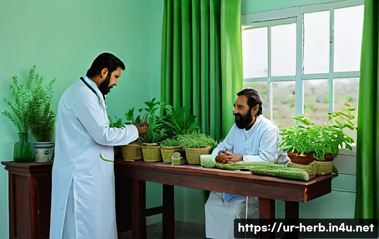 한방병원 진료 후기 모음 - A serene herbal hospital treatment room in Pakistan, featuring traditional wooden furniture and shel...