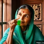Home 20 한방병원에서의 안면비대칭 교정 - A serene middle-aged South Asian woman applying fresh aloe vera gel on her face in a traditional Pak...