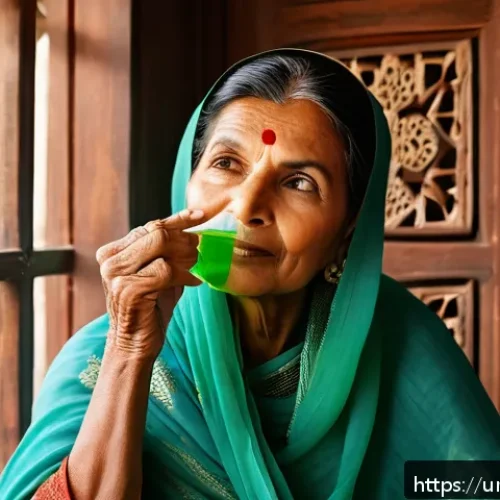 Home 32 한방병원에서의 안면비대칭 교정 - A serene middle-aged South Asian woman applying fresh aloe vera gel on her face in a traditional Pak...