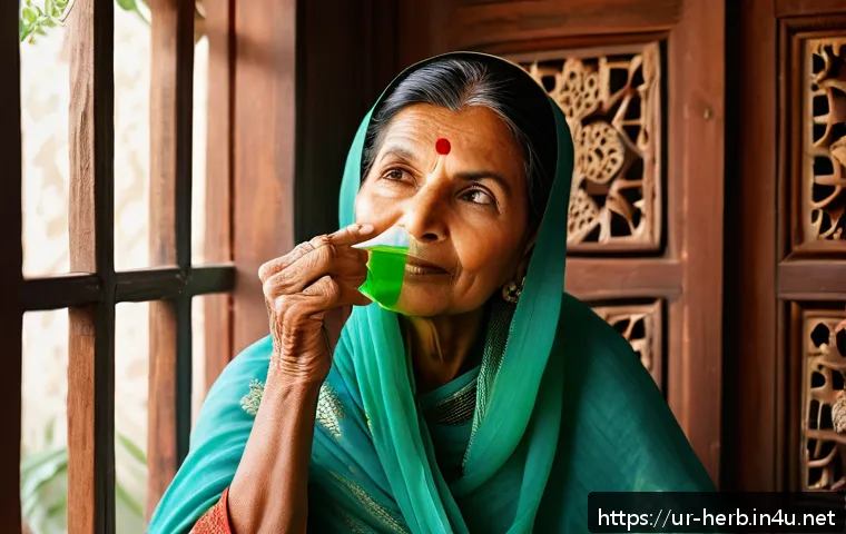 한방병원에서의 안면비대칭 교정 - A serene middle-aged South Asian woman applying fresh aloe vera gel on her face in a traditional Pak...