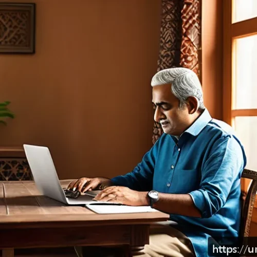 Home 30 어깨 통증 한방치료 사례 - A middle-aged South Asian man sitting at a traditional wooden desk in a modest home office, wearing ...