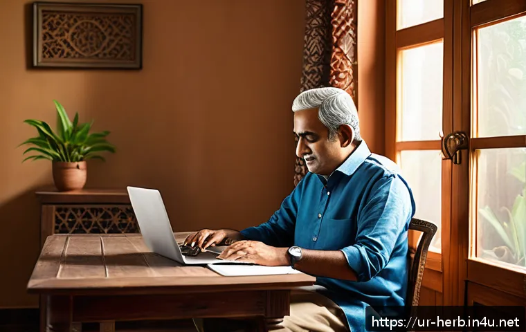 어깨 통증 한방치료 사례 - A middle-aged South Asian man sitting at a traditional wooden desk in a modest home office, wearing ...
