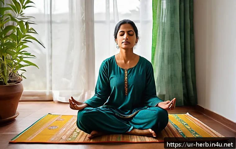 만성두통 한방병원 치료 사례 - A serene scene of a South Asian woman practicing deep breathing exercises in a traditional Pakistani...