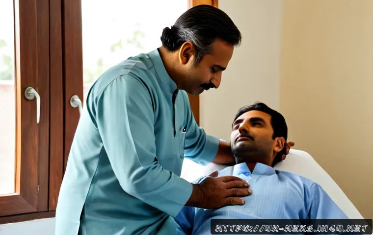 Home 17 어깨 통증과 한방 치료 후기 - Photorealistic wellness clinic scene in Pakistan, a middle-aged Urdu-speaking man in modest shalwar ...